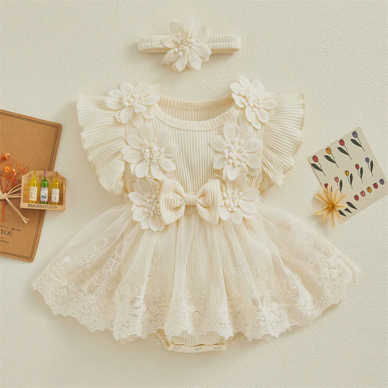 Prinsessen Baby Meisjes Romper Jurk met 3D Bloemen, Kant & Hoofdband - Zomerkleding