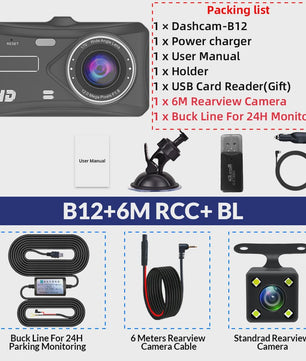 E-ACE Full HD 1080P Dash Cam met 4-inch Touch IPS Scherm, Dubbele Camera Voor & Achter, Nachtzicht en Parkeerfunctie