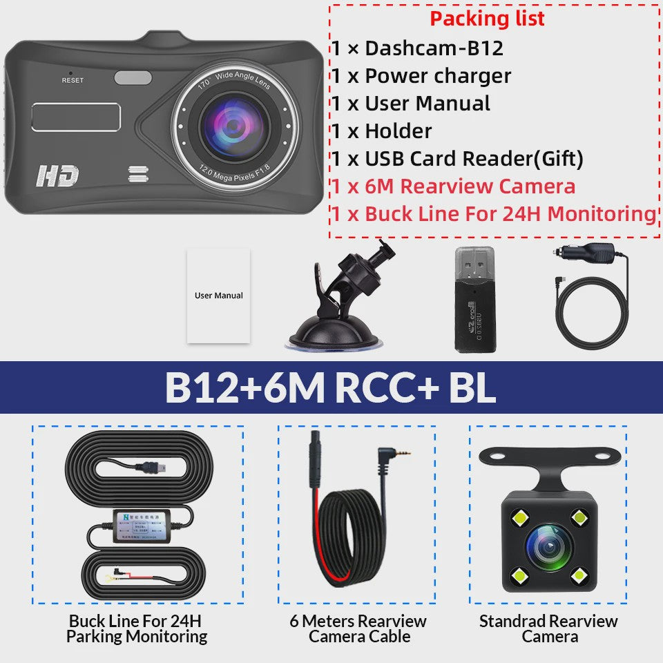 E-ACE Full HD 1080P Dash Cam met 4-inch Touch IPS Scherm, Dubbele Camera Voor & Achter, Nachtzicht en Parkeerfunctie