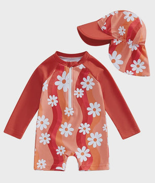 Meisjes Zwempak Lange Mouwen met Zonnehoed - Bloemenprint