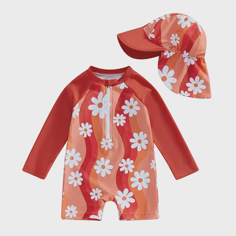 Meisjes Zwempak Lange Mouwen met Zonnehoed - Bloemenprint