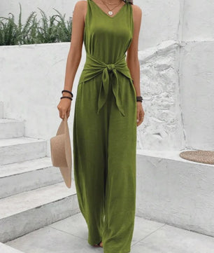 Modieuze Dames Jumpsuit met Wijde Pijpen, V-hals en Strikceintuur - Zomer & Vakantie