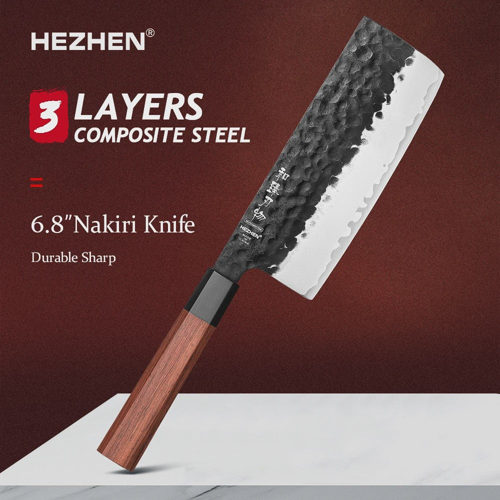 HEZHEN Keukenmes Set 4-delig - 3-laags Composiet Staal, Santoku & Nakiri