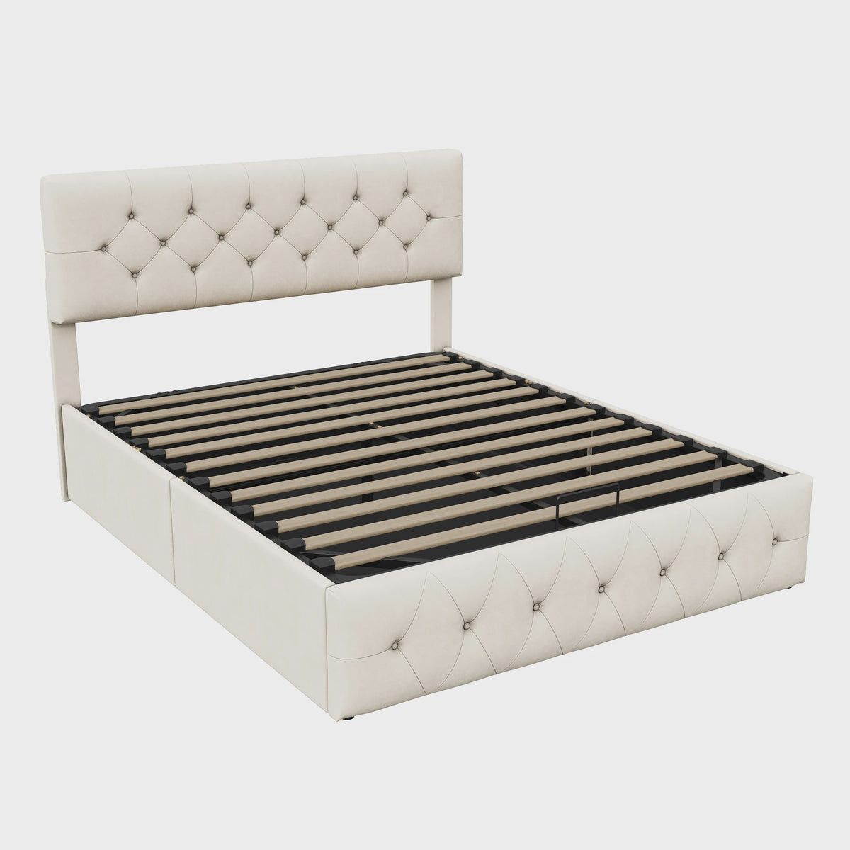 Luxe Boxspringbed 140x200 cm Beige Fluweel met Hydraulische Opbergruimte en LED-verlichting