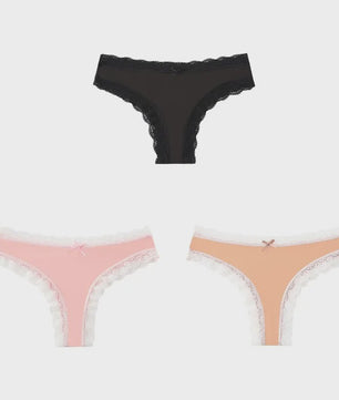 3-Pack Dames Slipjes met Kantrand - Low-Waist Thong & G-String in Luipaardprint en Effen Kleuren