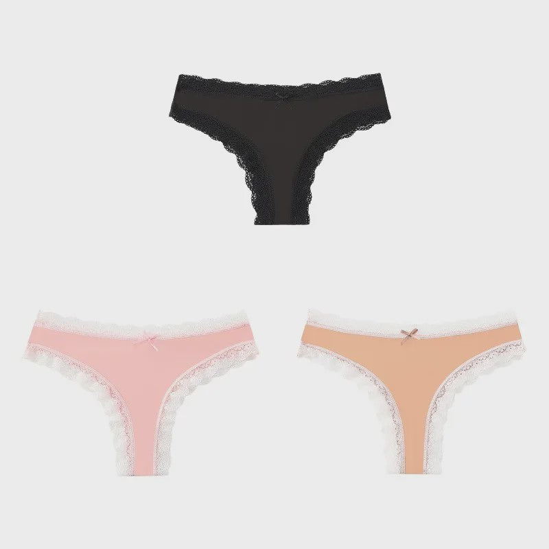 3-Pack Dames Slipjes met Kantrand - Low-Waist Thong & G-String in Luipaardprint en Effen Kleuren