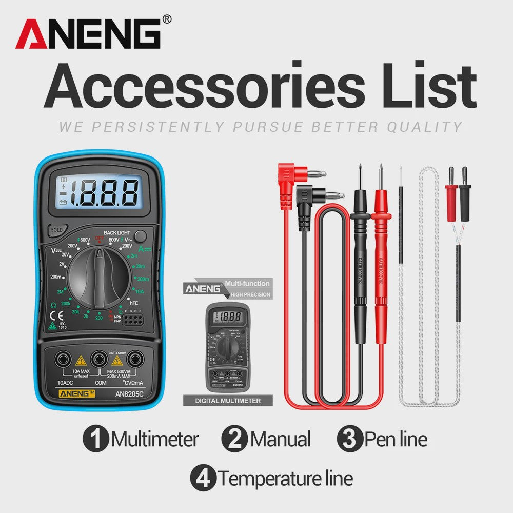 ANENG AN8205C Digitale Multimeter - AC/DC Spanning, Stroom, Weerstand Tester met LCD & Backlight