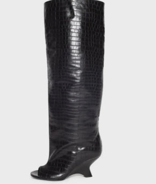 Dames Laarzen met Peep-toe, Hoge Schuine Hak en Kniehoge Schacht - Zomer/Lente Collectie