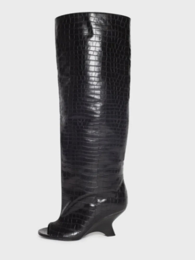 Dames Laarzen met Peep-toe, Hoge Schuine Hak en Kniehoge Schacht - Zomer/Lente Collectie