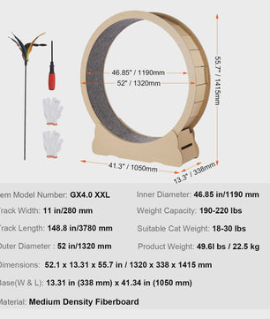 Houten Katten Loopwiel XL - Grote Kattenmolen voor Binnen met Afneembaar Tapijt & Kattenhengel