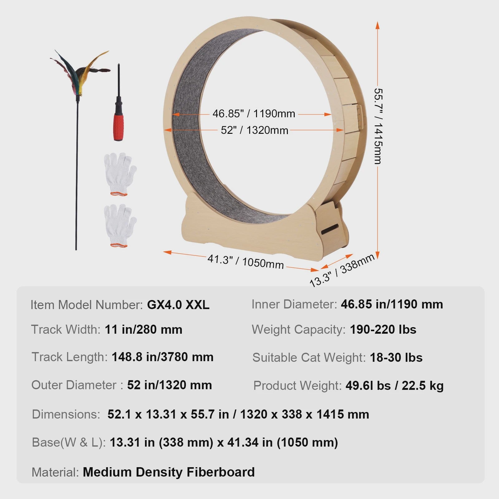 Houten Katten Loopwiel XL - Grote Kattenmolen voor Binnen met Afneembaar Tapijt & Kattenhengel