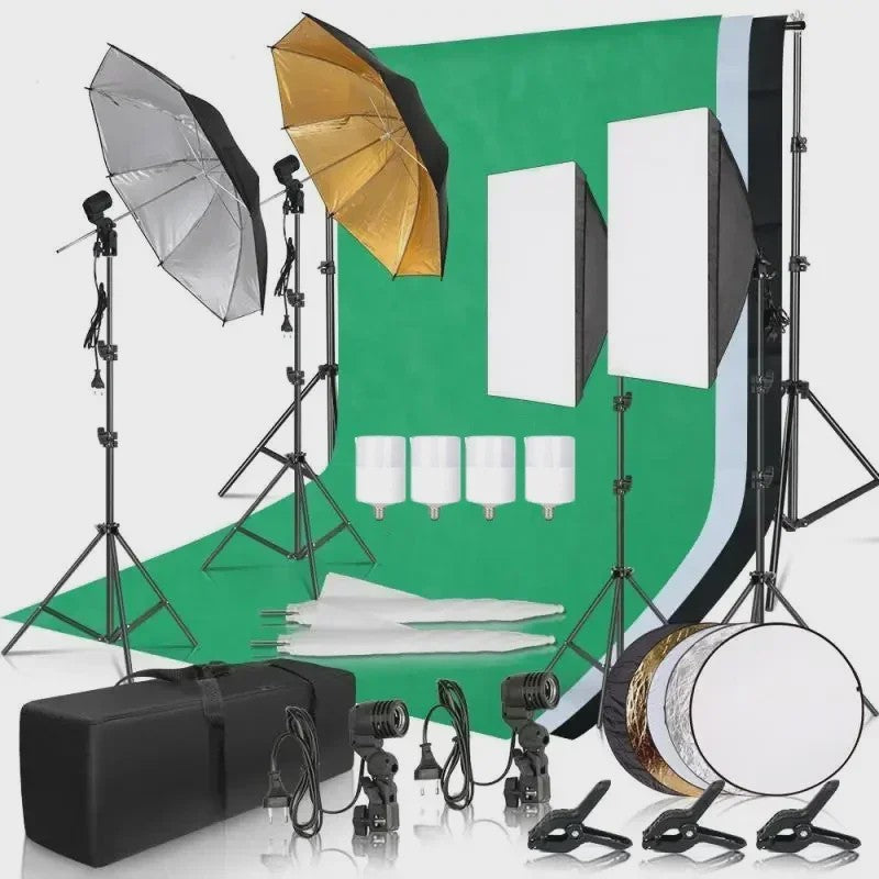 Professionele Fotostudio Verlichtingskit met Achtergronden, Softboxen, Paraplu's en Reflectoren