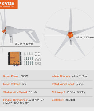 Krachtige Windturbine Generator 12V 500W/800W met MPPT Controller - Duurzame Energie voor Huis, Boerderij & Camper