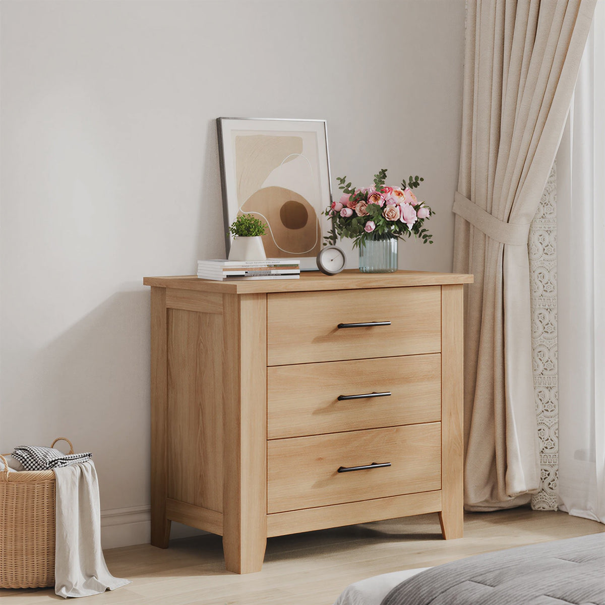 3-Laden Commode Wit Bruin - Compact Nachtkastje en Ladekast voor Slaapkamer/Woonkamer