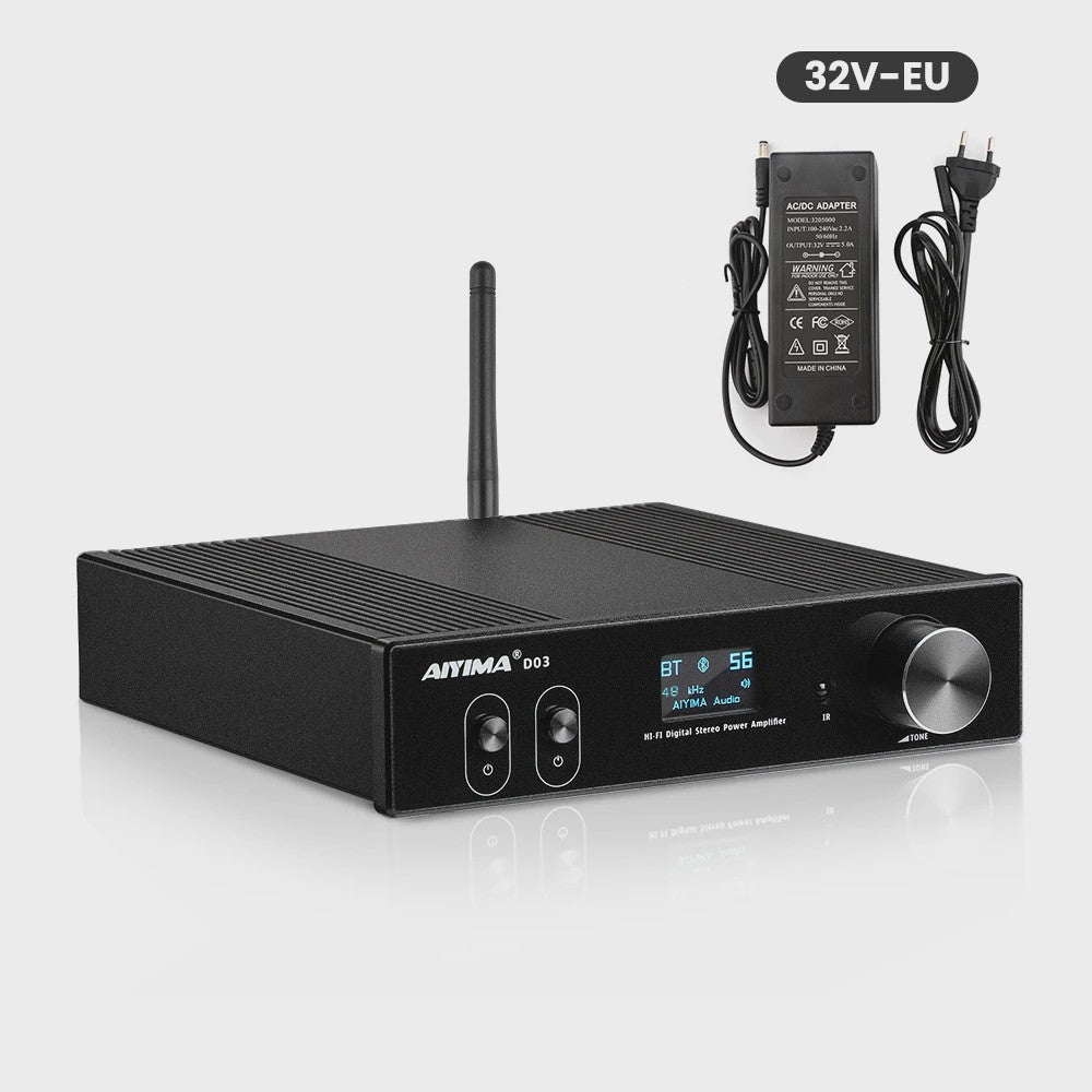 AIYIMA D03 Bluetooth 5.2 Versterker 2x150W RMS met Subwoofer Uitgang, USB DAC & OLED Display