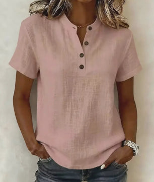Dames Casual Linnenlook Blouse met Korte Mouwen en Henley Hals - Zomerse Relaxed Fit Top