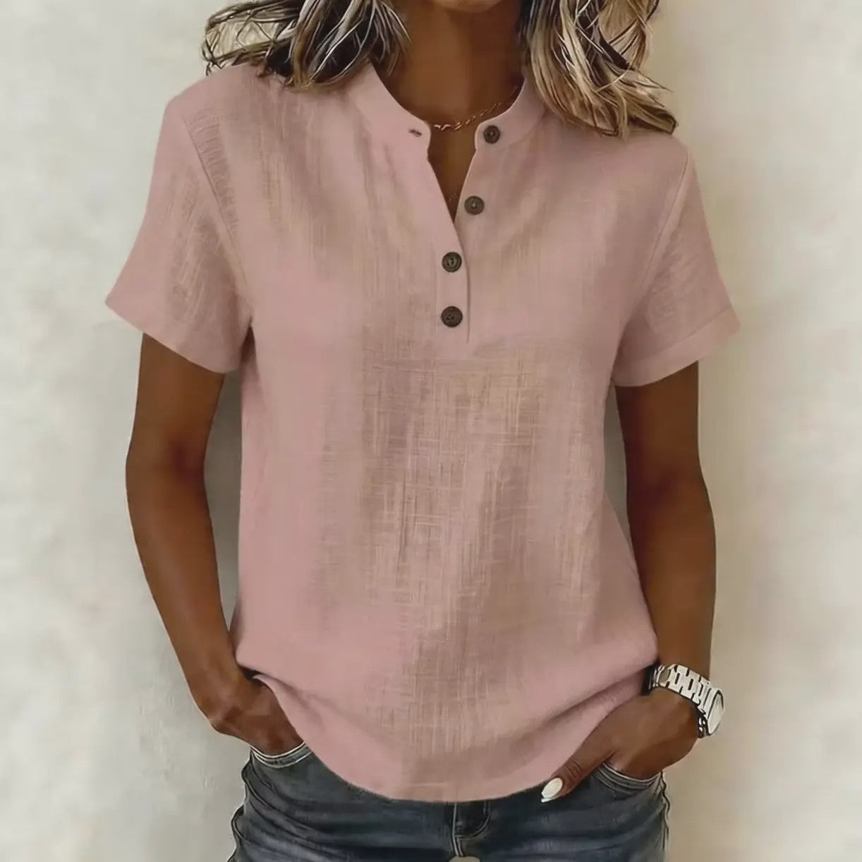 Dames Casual Linnenlook Blouse met Korte Mouwen en Henley Hals - Zomerse Relaxed Fit Top