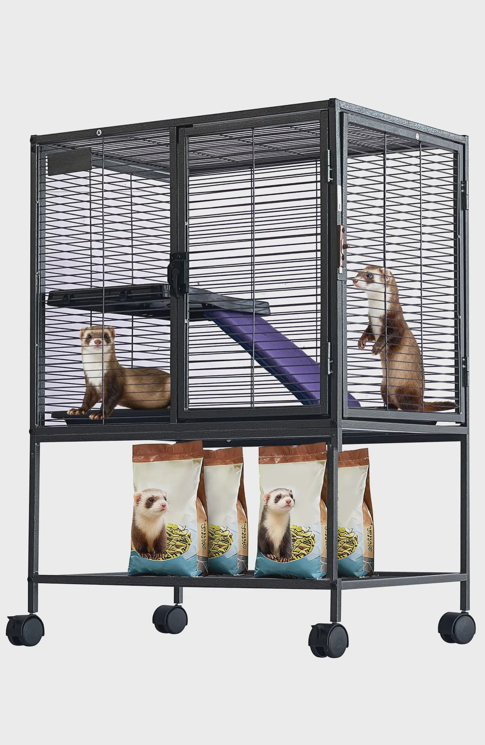 Ruime Multi-Level Kooi voor Kleine Dieren - 91 cm Hoog, Met Plateaus, Helling & Opbergruimte