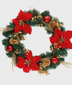 Kunstkerstkrans Rood met Poinsettia & Gouden Dennenappels - 45/55cm