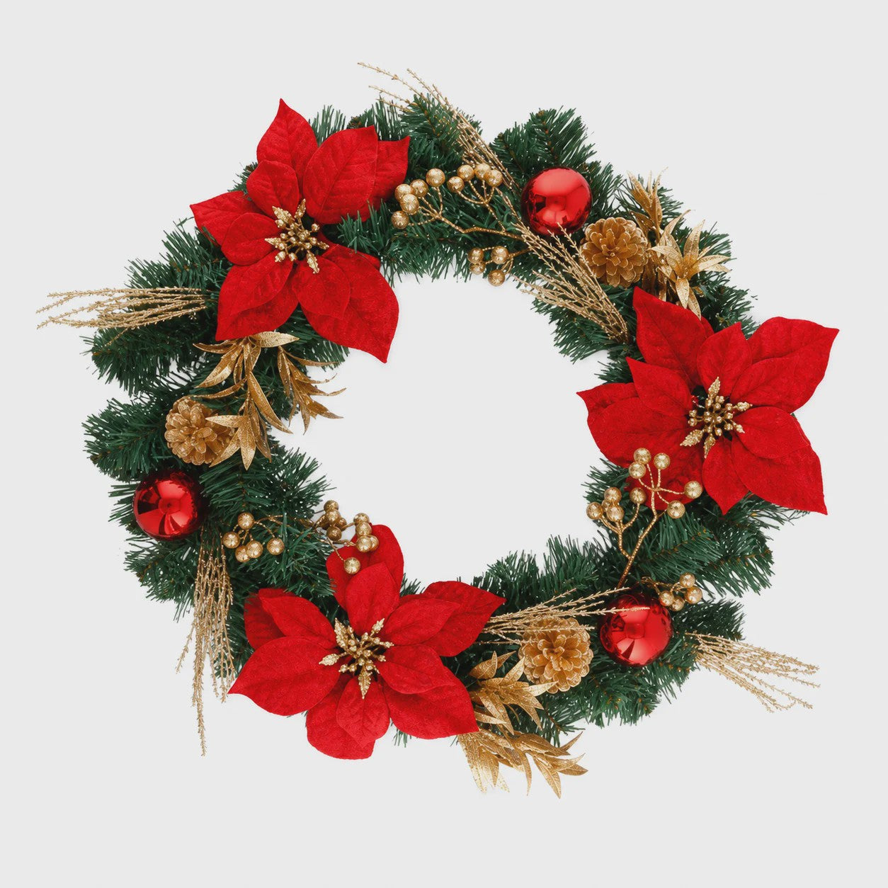 Kunstkerstkrans Rood met Poinsettia & Gouden Dennenappels - 45/55cm