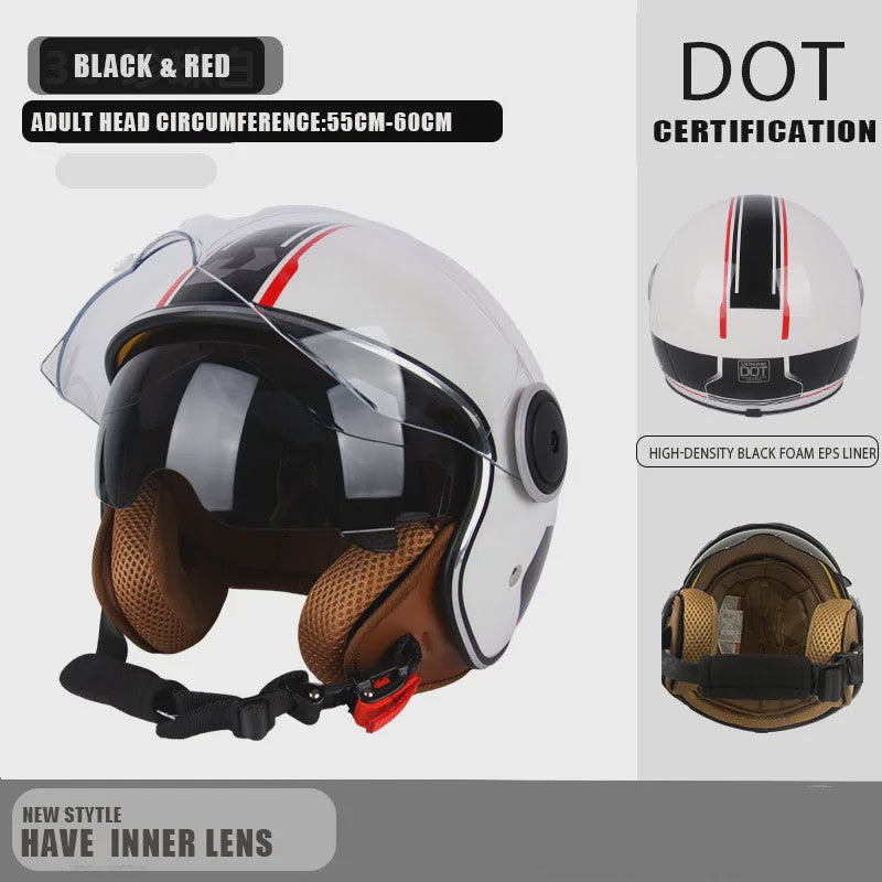 Vintage Open Motorhelm met Dubbel Vizier - DOT Gecertificeerd, Retro Stijl