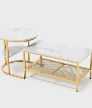 Set van 2 Moderne Salontafels met Marmerlook Blad en Stalen Onderstel