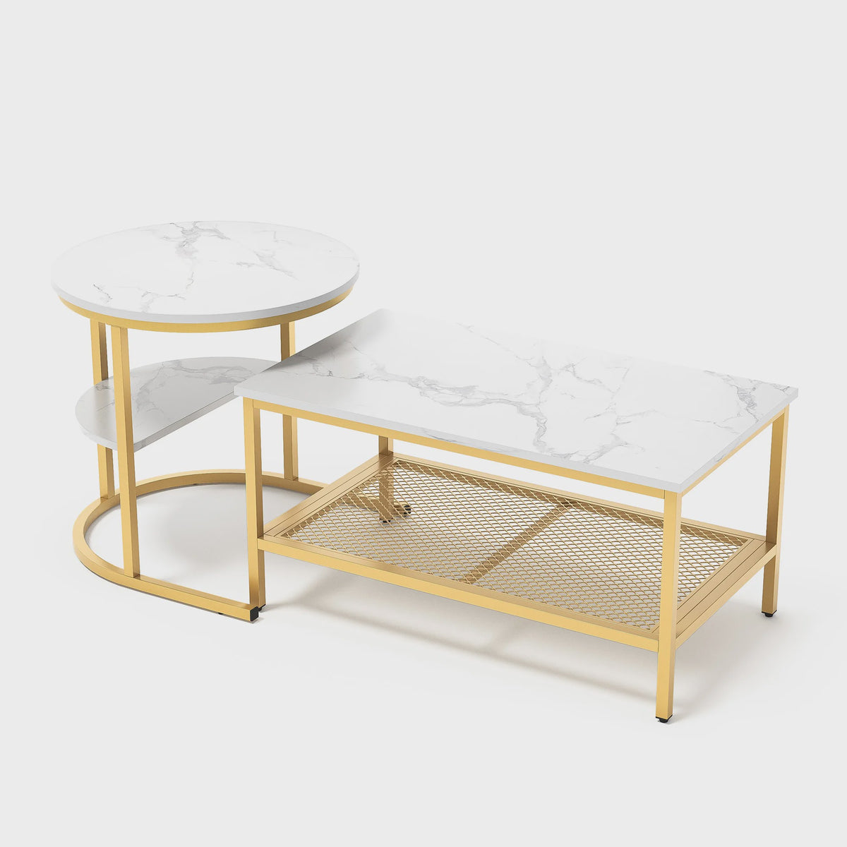 Set van 2 Moderne Salontafels met Marmerlook Blad en Stalen Onderstel