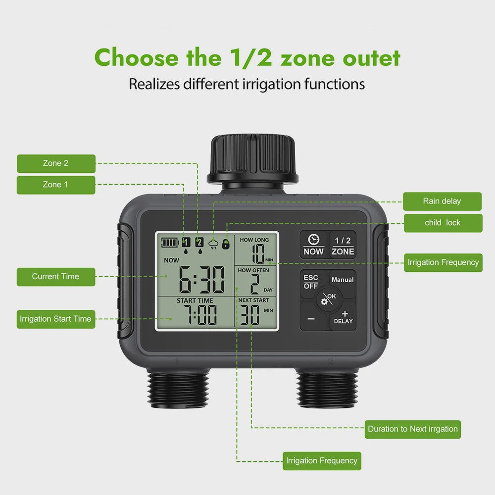 Intelligente Automatische Water Timer met 2 Uitgangen voor Buiten - Programmeerbaar Irrigatiesysteem
