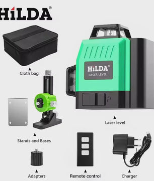HILDA 3D Laser Waterpas - 12 Groene Lijnen, Zelfnivellerend, 360° Kruis, Draagbaar