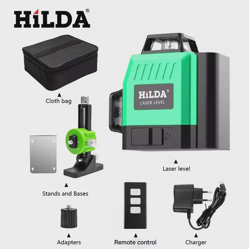 HILDA 3D Laser Waterpas - 12 Groene Lijnen, Zelfnivellerend, 360° Kruis, Draagbaar