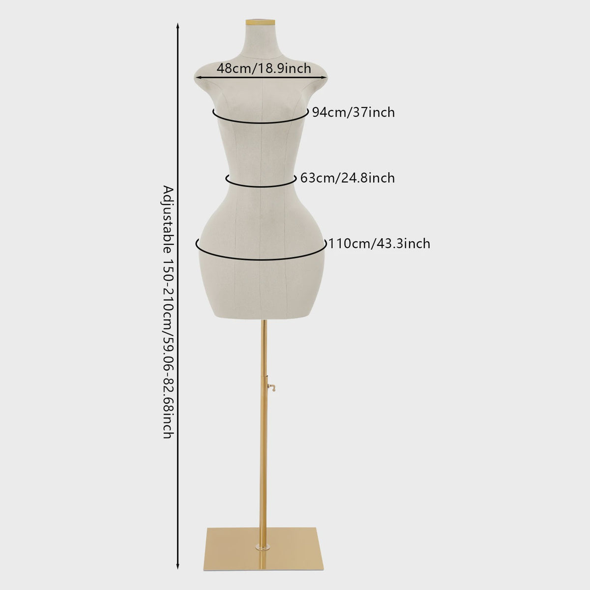 Verstelbare Dames Paspop Torso met Gouden Metalen Standaard - Ideaal voor Kledingpresentatie en Maatwerk