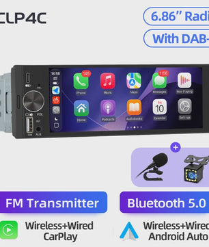 Universele 1-DIN Autoradio met 6.86" IPS Touchscreen, Draadloze CarPlay & Android Auto