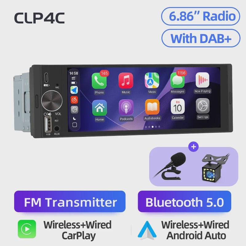 Universele 1-DIN Autoradio met 6.86" IPS Touchscreen, Draadloze CarPlay & Android Auto