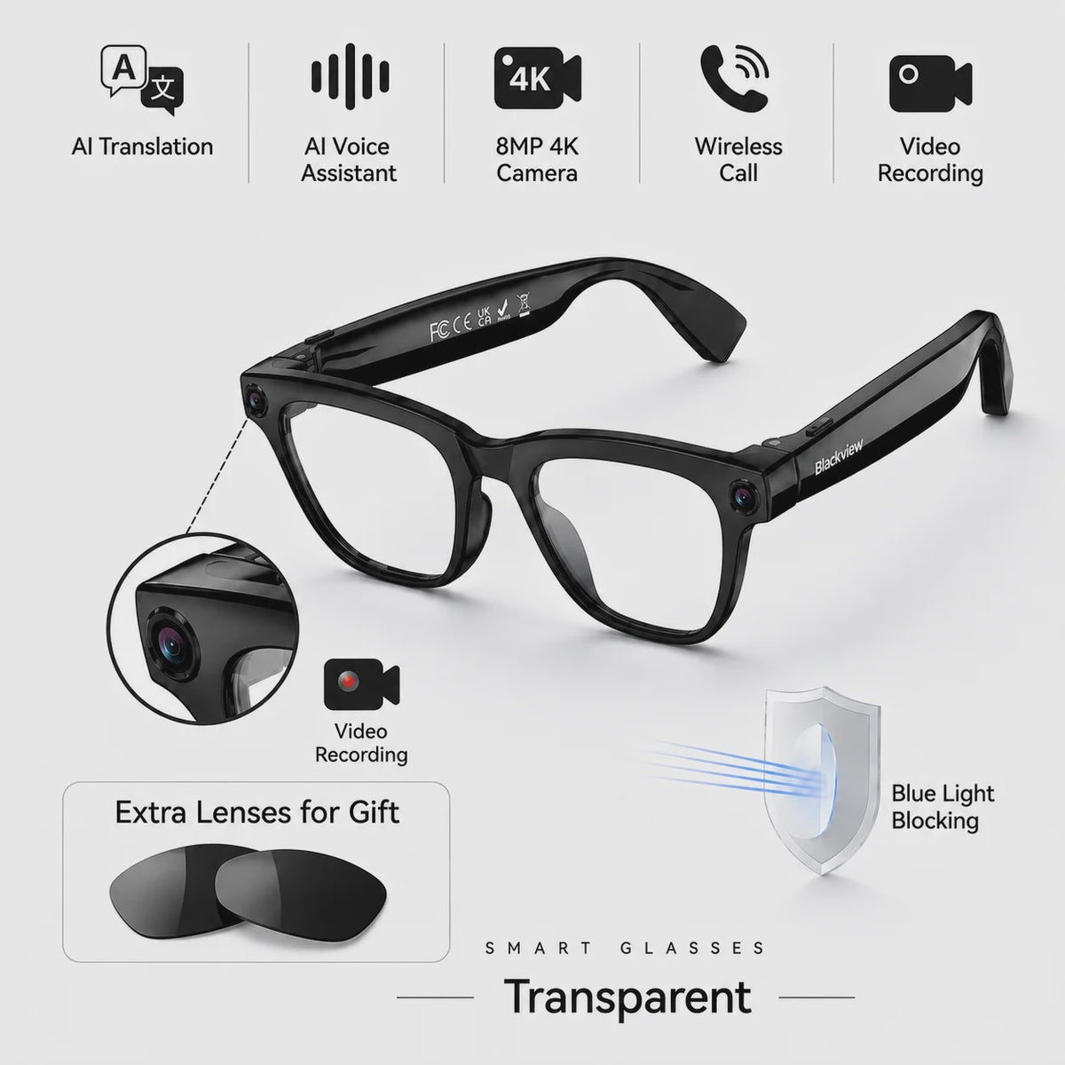 Blackview BV300 AI Smart Bril: 4K Video, 8MP Camera, Vertaling & Bellen