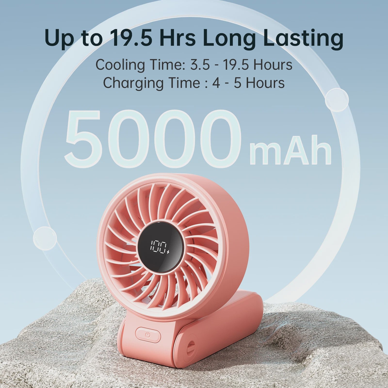JISULIFE Draagbare Handventilator met LED Display, 5 Snelheden, 5000mAh, 150° Opvouwbaar, 3-in-1 Multifunctioneel