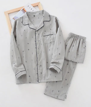 Heren Pyjama Set van 100% Katoen Gauze - Korte Mouw & Print - Comfortabele Homewear voor Zomer
