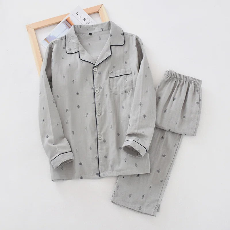 Heren Pyjama Set van 100% Katoen Gauze - Korte Mouw & Print - Comfortabele Homewear voor Zomer