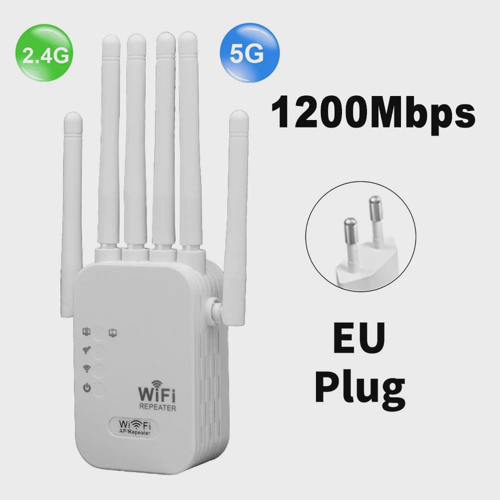 1200Mbps Dual-Band WiFi Repeater Extender - 5G/2.4G Signaal Booster met 6 Antennes