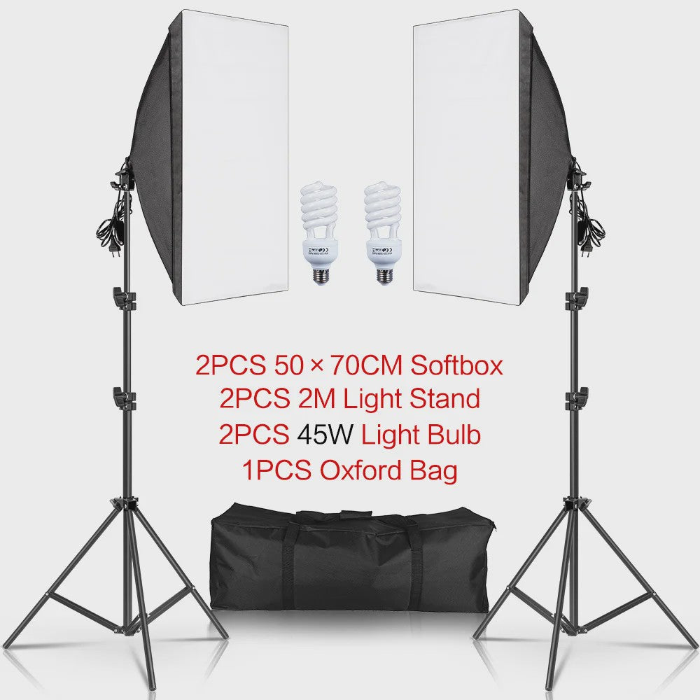 Professionele Softbox Verlichtingskit 50x70cm met E27 Lampen en Statief - Fotostudio Apparatuur
