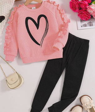 Meisjes Sweater & Broek Set - Lente/Herfst Mode met Hartjes Print en Ruches