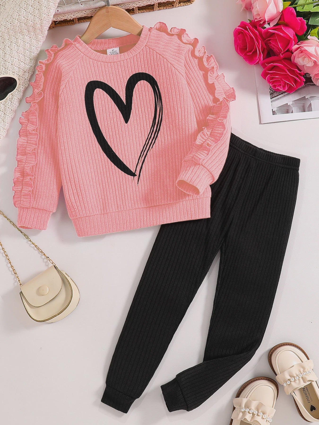 Meisjes Sweater & Broek Set - Lente/Herfst Mode met Hartjes Print en Ruches
