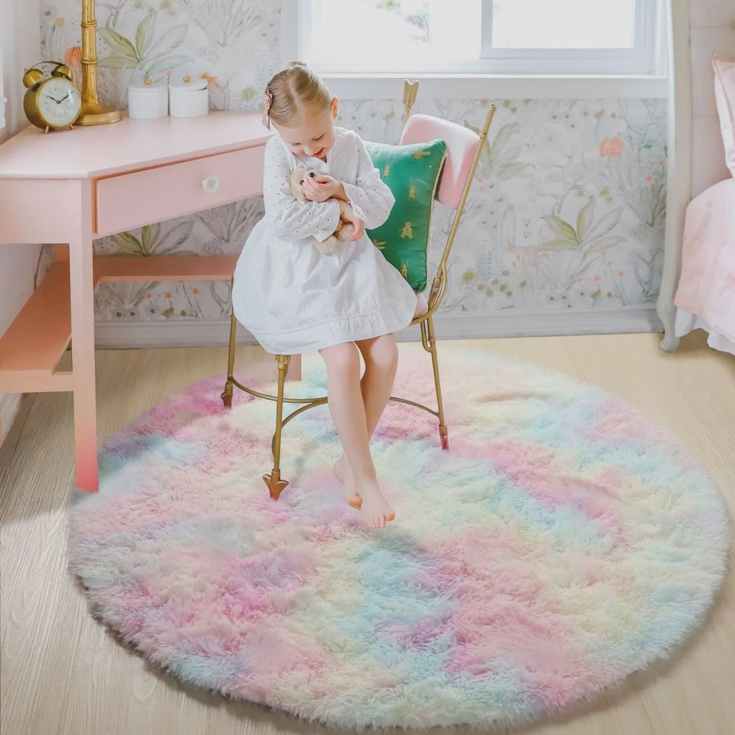 Zacht Rond Vloerkleed voor Kinderkamer Meisjes - Pluche Princess Kasteel Decor