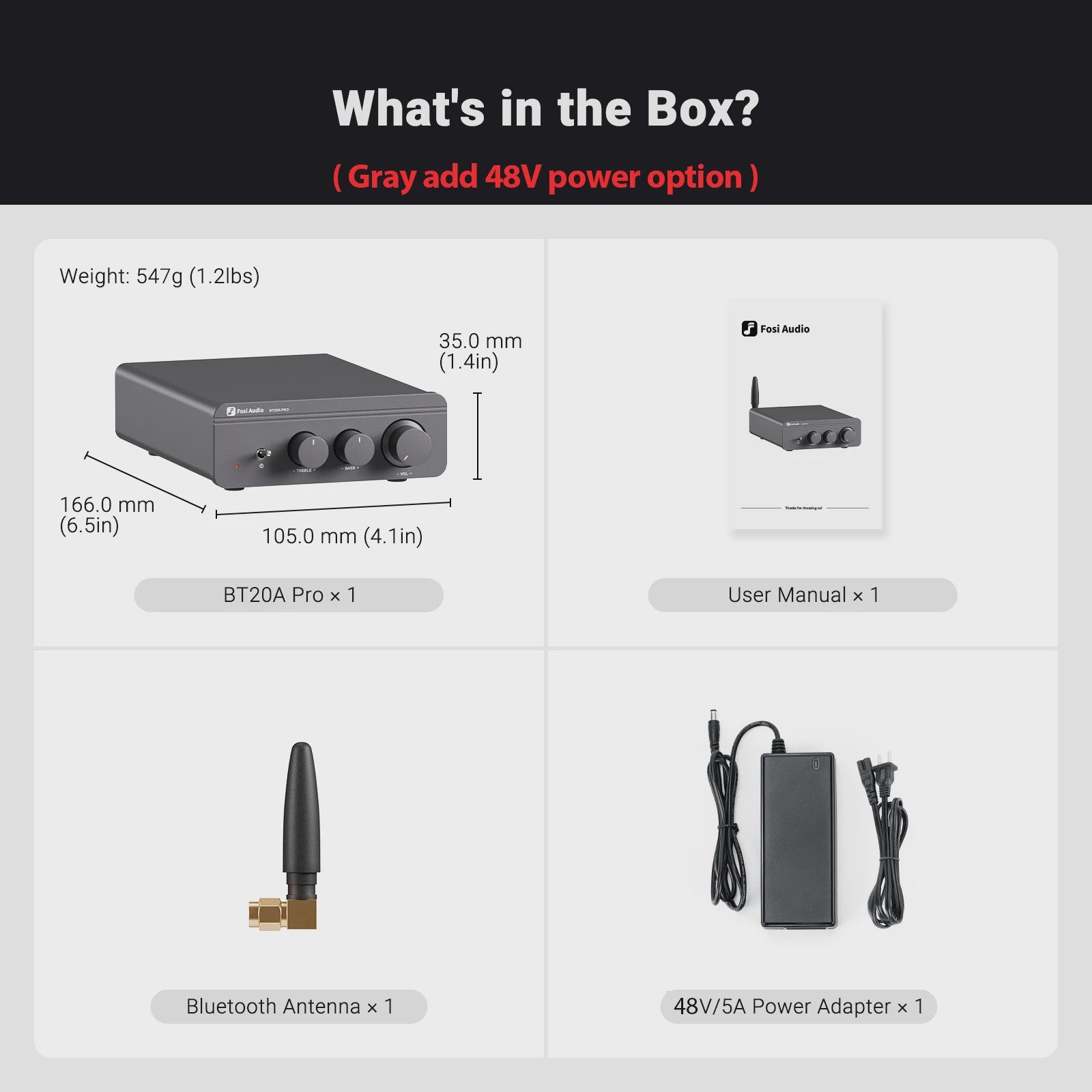 Fosi Audio BT20A PRO Bluetooth 5.0 Versterker - 2x 300W Mini HiFi Stereo Klasse D Audio Versterker met Bass & Treble Controle