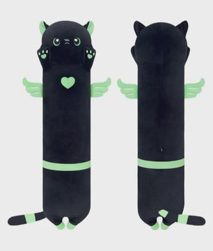 Kawaii Zwarte Kat Pluche Knuffelkussen met Vleugels - Extra Lang Slaapkussen voor Bank of Bed
