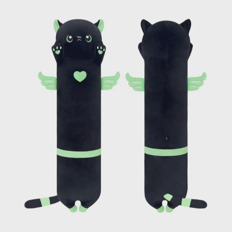 Kawaii Zwarte Kat Pluche Knuffelkussen met Vleugels - Extra Lang Slaapkussen voor Bank of Bed