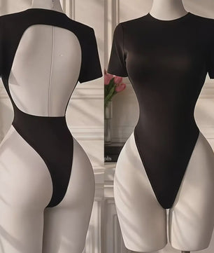 Dames Backless Bodysuit met Korte Mouwen - Comfortabele Basis met Open Rug