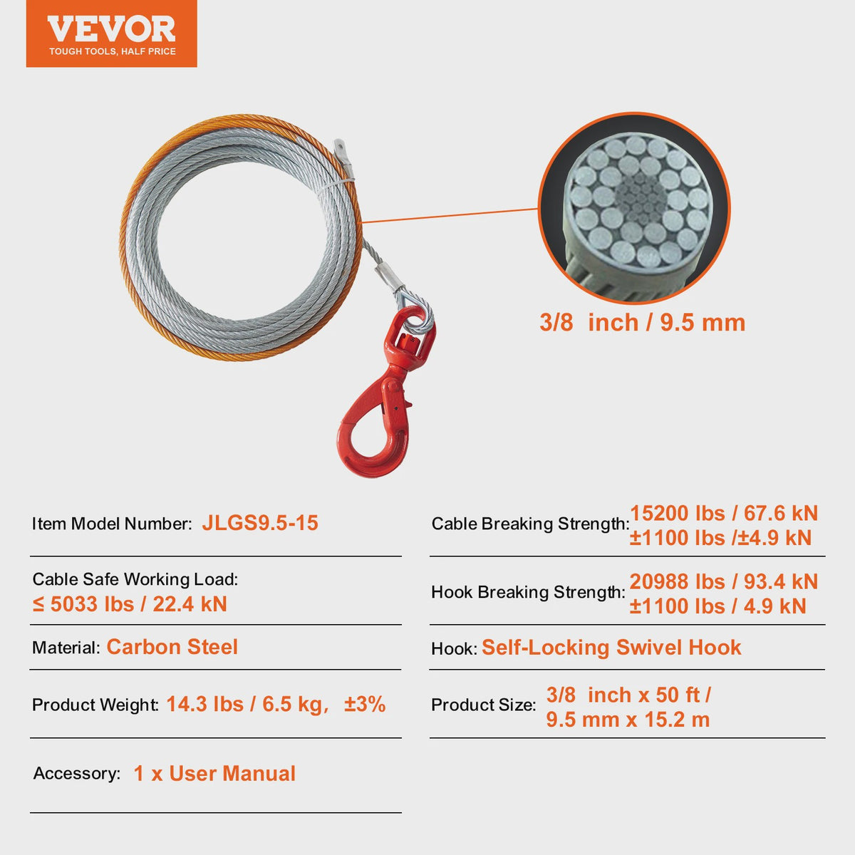 Verzinkte Stalen Lierkabel 3/8 inch - Hoge Breeksterkte voor SUV & Off-Road