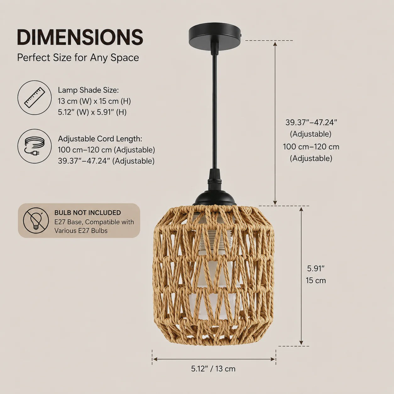 Hanglamp Gevlochten Hennep Touw met E27 Fitting - 1.2m Verstelbaar - Sfeervolle Decoratie