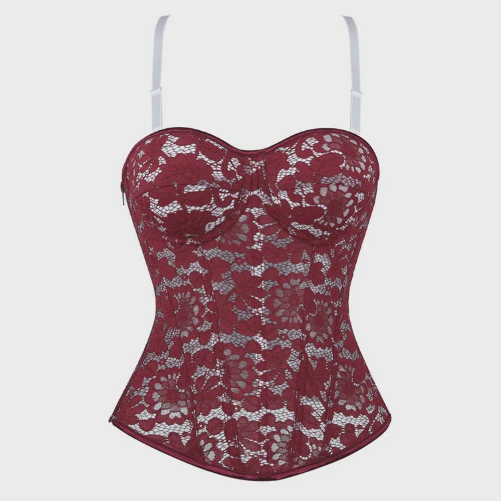 Zwart kanten korset top met mesh en ritssluiting - Sexy bustier voor feesten