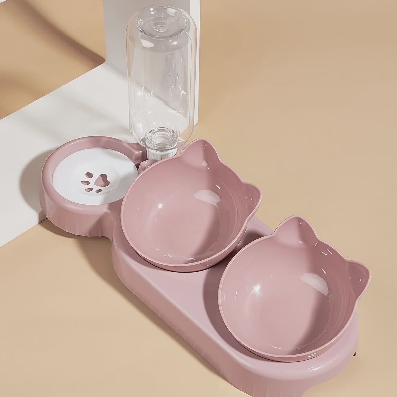 3-in-1 Kattenvoerbak met Waterdispenser en Nekbescherming - Schuin Ontwerp